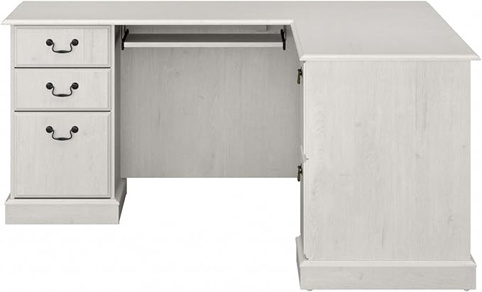 Bush Home Saratoga L Shaped Computer Desk with Drawers and Storage in Linen White Oak | Large Corner Office Table for Workspace