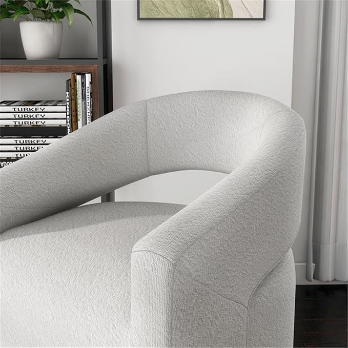 Pemberly Row Contemporary Fabric Armchair 360-Degree Swivel Curved Armrests Bouclé Fabric in White 32.75 H x 27 W x 26 D Modern Accent Chair for Living Room Bedroom Office