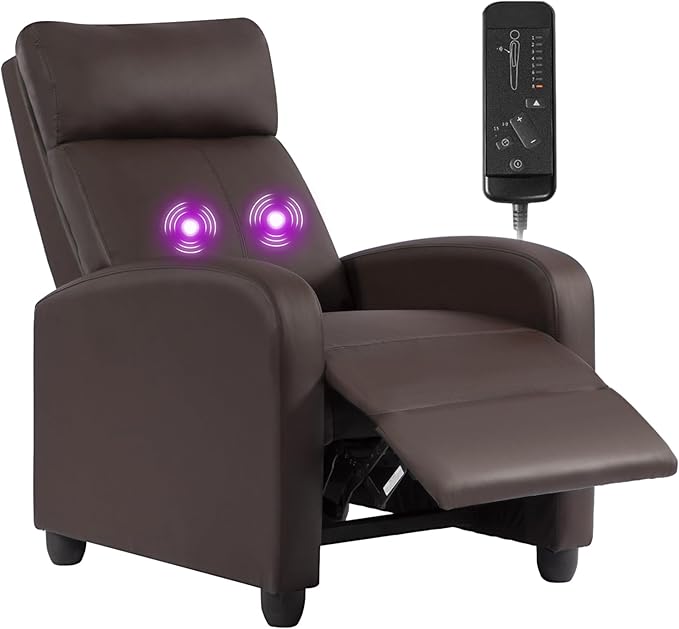 BestMassage | Recliner Chair | with 2 Point Massage Function | Pu Brown | with Lumbar Support Adjustable Push Back Footrest &amp Padded Seat | Easy Assembly | for Living Room Home Theatre