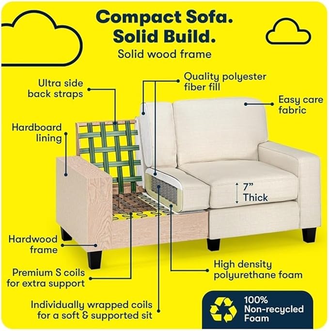 Pemberly Row 61 Track Arm Sofa Loveseat Buttercream Polyester Upholstery Removable Covers Compact Space-Saving Design Solid Wood Frame Modern Minimalist Style for Living Room or Home Office