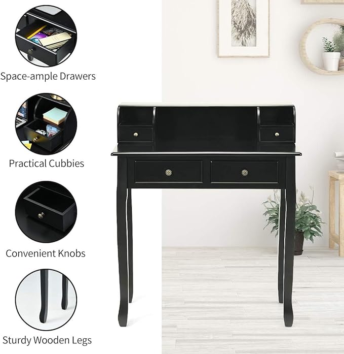 Giantex Writing Desk with 4 Drawers Removable Floating Organizer 2-Tier Mission Home Computer Vanity Desk for Apartment Small Space (Black)