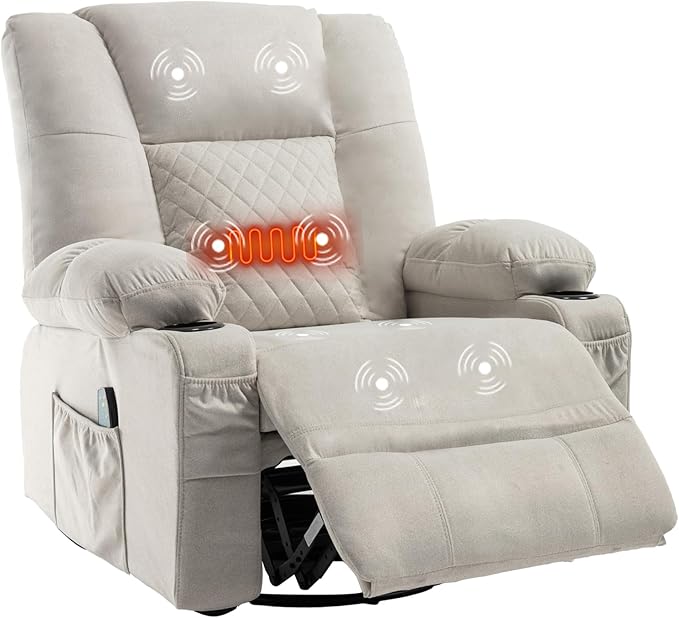 Rocker Recliner Chair with Heat and Massage Wide Seat Overstuffed Fabric Reclining Chair for Living Room Nursery Glider Rocking Chair Swivel Recliner with Cup Holder White