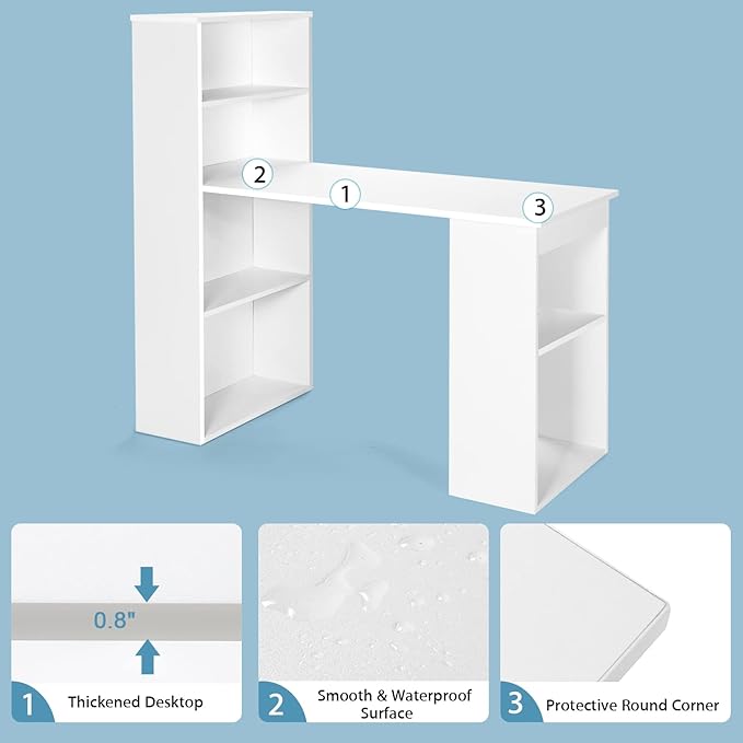Tangkula White Computer Desk with Bookshelf Writing Study Desk with Storage Shelves &amp CPU Stand Modern Compact Computer Workstation for Home &amp Office Space-Saving Design