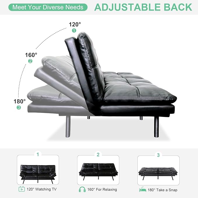 MUUEGM Futon Couch with 71 Adjustable High Density Memory Foam Futon Sofa Bed Modern Design Sofa Bed for Living Room Sleeping and Relaxing(Leather Black)