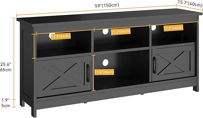 DWVO Farmhouse TV Stand for 65 Inch TV Black Entertainment Center with LED Lights &amp Power Outlet TV Media Console with Storage for Living Room Black