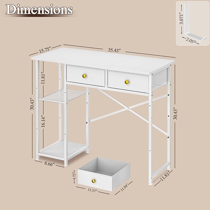 White Computer Desk 36 Inch Small Desk with Drawers Home Office Desk with Storage Shelves for Bedroom Living Room Dorm Vanity Desk for Small Spaces White