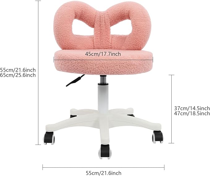 Cute Bow Backrest Chair Pink Make-up Chair Height Adjustable Roller Chair with 5 Wheels Armless Dressing Chair Small Upholstered Accent Chair Desk Chair for Bedroom Living Room
