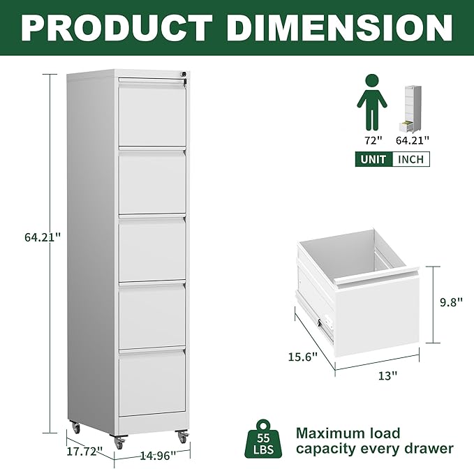 5 Drawer Small File Cabinet with Lock on Wheels Heavy Duty Metal Storage Cabinet Organizer Under Desk Locking Drawers for Home OfficeWhite