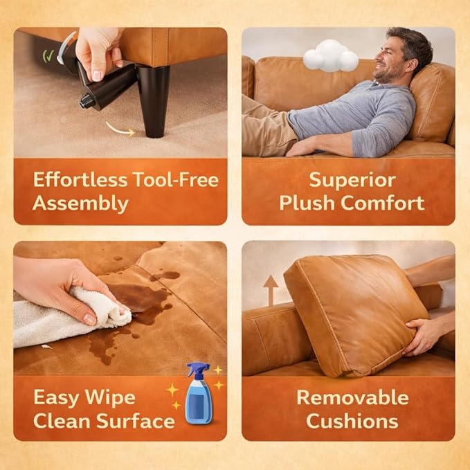 Naomi Home Marisa - Genuine Cowhide Leather Sofa - Mid-Century Modern Apartment 3-Seater Couch - Plush Foam Comfort &amp Sturdy Wood Frame
