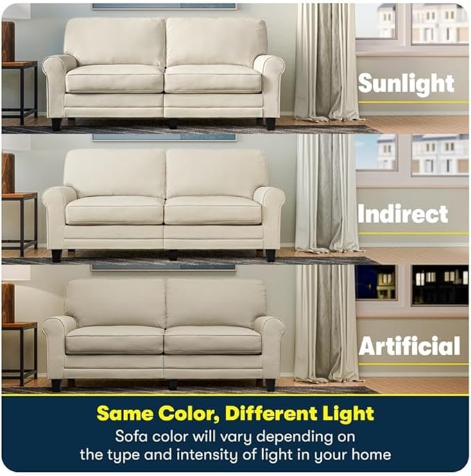 BOWERY HILL 61 Rolled Arm Loveseat Sofa Buttercream Polyester Fabric Compact Space-Saving Design Removable Covers High-Density Foam Cushions Sturdy Solid Wood Ideal for Living Room or Office