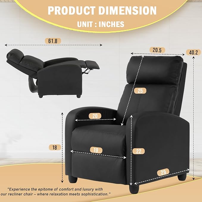PayLessHere Recliner Chair Single Reclining Sofa Home Theater Seating with Lumbar Support and Padded Backrest for Living Room and Bedroom (Leather Black)