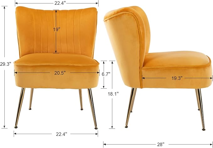 CIMOTA Velvet Accent Chairs Set of 2 Modern Armless Slipper Wingback Single Sofa Side Chair Comfy Corner Chair with Golden Legs for Living Room Bedroom Yellow