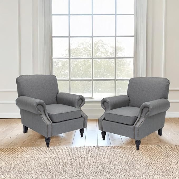 Accent Chair22.4 Seat Depth Armchair with Roll Arms36.6W*34.3D*34.6H Living Room ChairWood LegsSet of 2Faux Leather in Gray