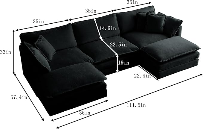 KEIKI 112 U-Shaped Oversized Chenille Modular Cloud Sectional Sofa with 2 Ottoman High-Density Foam Cushion Modern 3-Seater Fluffy Corner Couch with 5 Pillow for Apartment Living Room Black