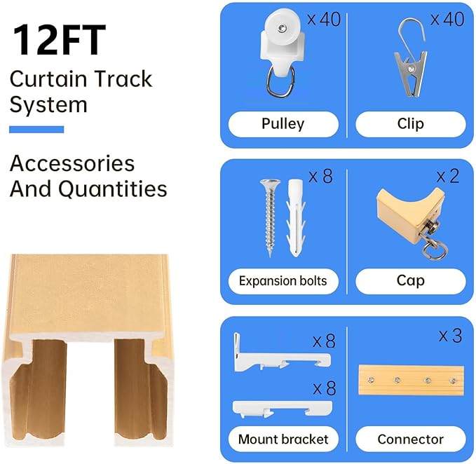 Ceiling Curtain Track Ceiling and Wall Mounted Heavy-Duty Curtains Rails Room Divider Curtains Shower RV Tracks Ceiling Sliding Curtain Rods With Clips Gold 12ft.