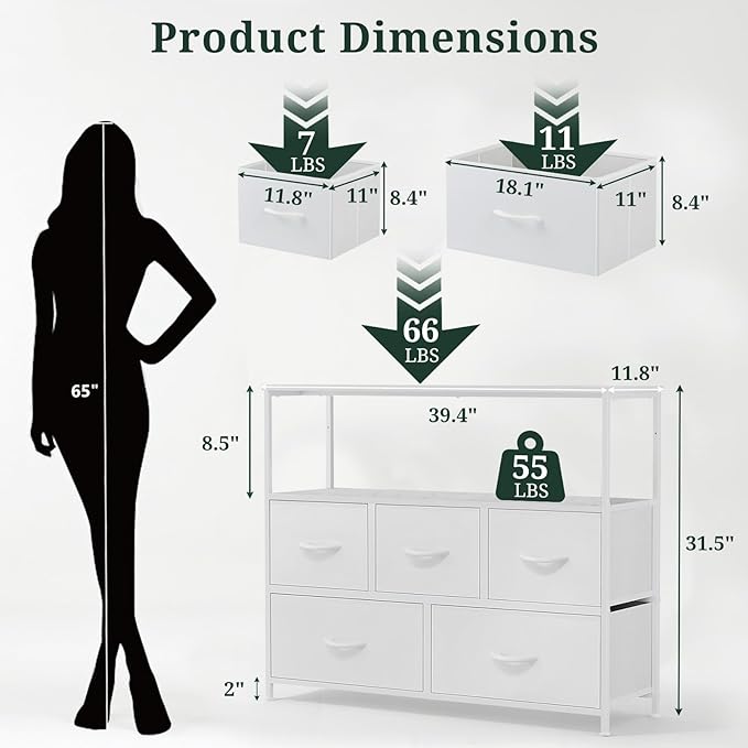 TV Stand 5 Fabric Drawers Dresser Entertainment Center for TV up to 45 inch Wooden Media Console Table Storage Organizer with Open Shelf for Living Room Bedroom or Small Space White
