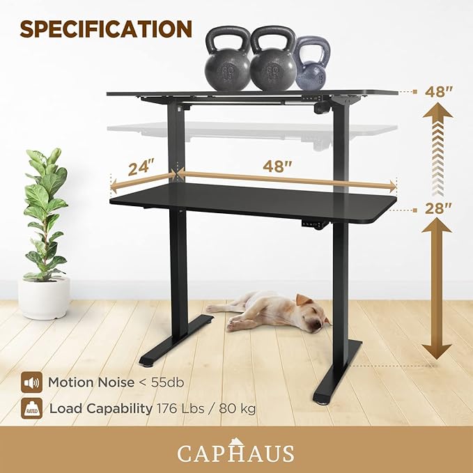 CAPHAUS 48 x 24 Inches Whole-Piece Deskboard Electric Standing Computer Desk Home Office Height Adjustable Desk with Memory Control Panel Black Metal Frame &amp P2 Grade Black Desktop Single Motor