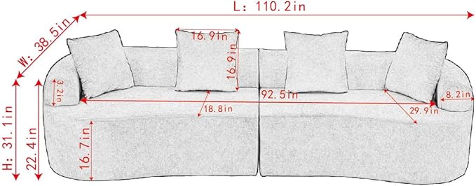 Curved Sectional Couch 110 Chenille Cloud Sofa with 4 Pillows 4-Seater Sleeper Sofa for Living Room Apartment Full Compression Sponge (Beige 110 Inch)