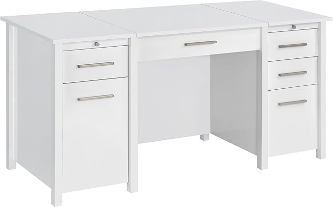 Coaster Home Furnishings - Dylan - Engineered Wood - 60-Inch Lift-Top Office Desk Includes 4 Drawers with Full-Extension Glide and 2 Pull-Out Trays - Home Office - White High Gloss - 801573