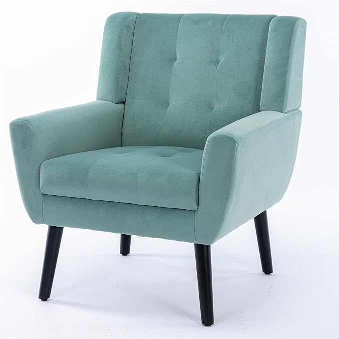SSLine Velvet Accent Arm ChairMid-Century Modern Upholstered Wingback Single Sofa Armchair Club Chair with Solid Wood Legs Thick Cushion for BedroomReadingLiving Room Chair(Mint Green)