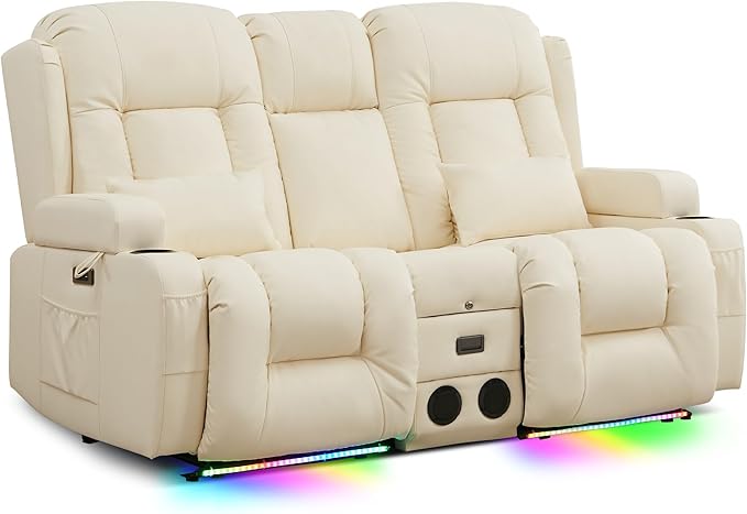 TUNYI Power Loveseat Recliner Sofa with Massage &amp Heat Home Theater Seating with Console RV Recliner Loveseat Sofa with USB/Storage/Side Pocket/LED Light/Speaker (Cream White Loveseat)