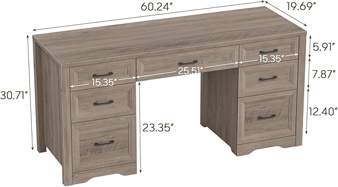 Farmhouse Executive Desk Wood Home Office Desk with 2 Large File Drawers and 5 Storage Cabinets Rustic Writing Desk for Work and Study Grey