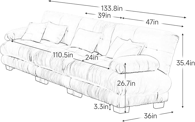 133.8 Modular Sectional Sofa Deep Seat Cloud Couch Chenille 3 Seater Cloud Sectional Couch for Living Room Apartment Studio OfficeLight Coffee