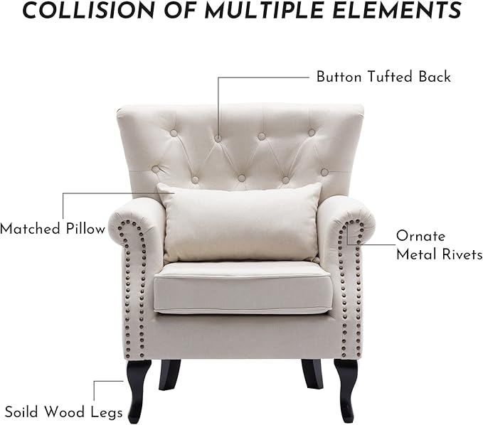 Accent Reading Arm Chairs for Living Room Bedroom Midcentury Modern Comfy Corner Sofa Chair Wingback Waiting Room Club Chair with Button Tufted Back &ampLumbar Pillow Linen Beige