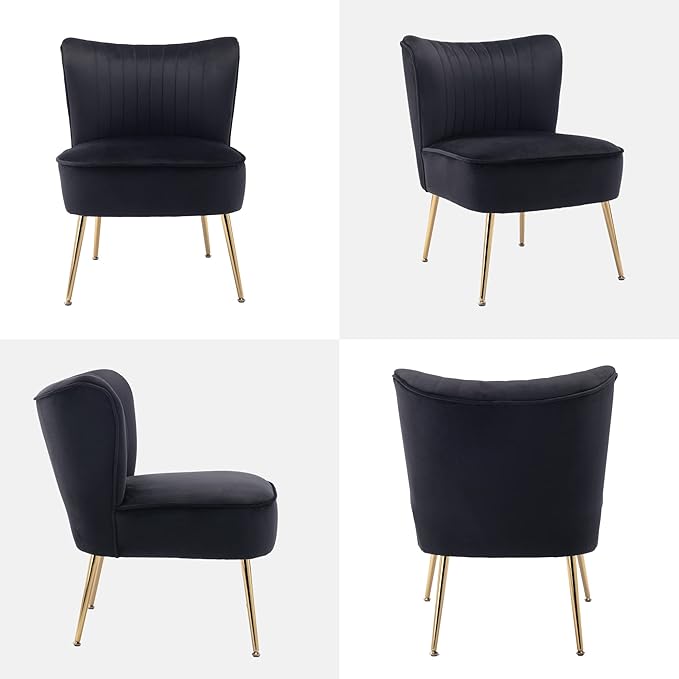 KCC Modern Velvet Upholstered Accent Chair Set of 2Mid Century Living Room Chairs with Golden LegsComfy Armless Chair Wingback Single Sofa Side Chair for BedroomBlack