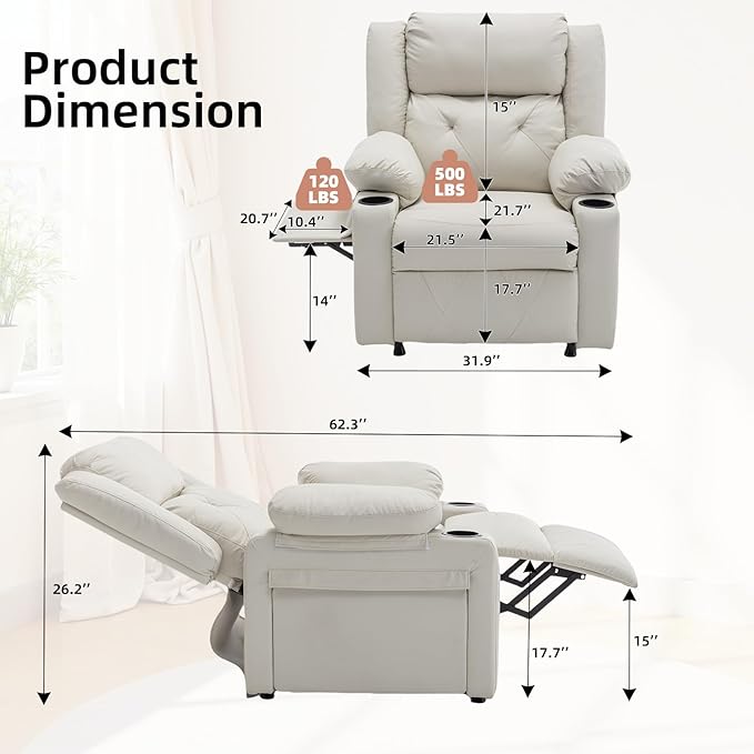 Power Recliner Chair with Vibration Massage &amp HeatUpholstered Faux Leather Single Reclining Sofa with Side Pockets Side Table for Living Room Home Theater (Beige)