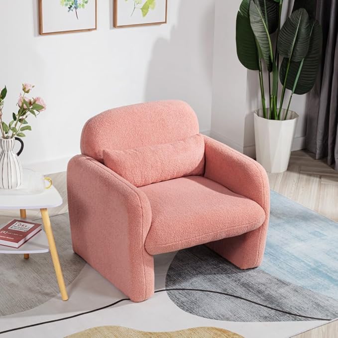Stylish and Minimalist Teddy Fleece Single Sofa Chair with Arms and Pillow Armchair Accent Chair for Living Room Bedroom StudyGrey (Pink + Teddy)