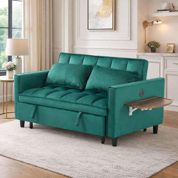 3 in 1 Sofa Bed Pull Out Couch with Side Pockets Loveseat Sleeper Sofa Bed with Side Table Pull Out Couch with USB Ports for Living Room Bedroom Apartment Green