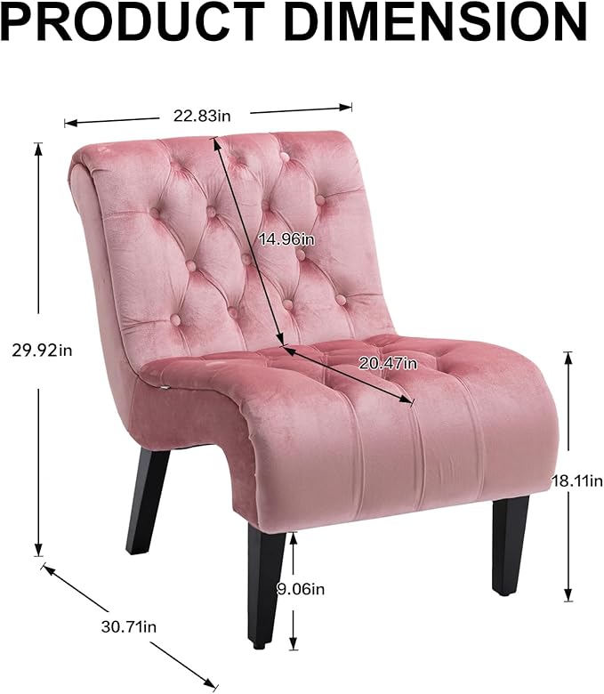 Armless Accent Velvet Chair Modern Single Sofa Chair Nailhead Side Sofa for Small Space Apartment Bedroom Living Room Pink.