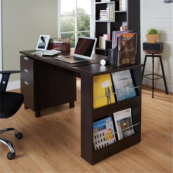 Scranton &amp Co Modern 3-Drawer Wood/Steel Office Desk 59 in Wide Espresso Finish Built-in Filing Cabinet Open Shelves Chrome Accents Particle Board Construction Home Office Desk for Workspac