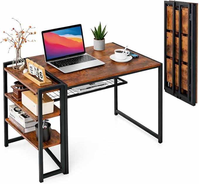 IDEALHOUSE Folding Desk 35 Inch Foldable Computer Desk with Storage Shelf Small Computer Desk for Small Spaces No Assembly Writing Table for Home Office Bedroom Dorm Brown