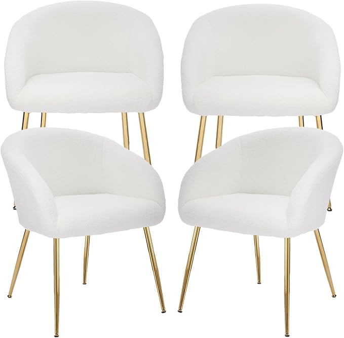 Modern Small Accent Chair Set of 4 Comfy Sherpa Makeup Vanity Chair with Golden Metal Legs Decorative Dining Chair no Wheels for Living Room Dressing Room Bedroom White