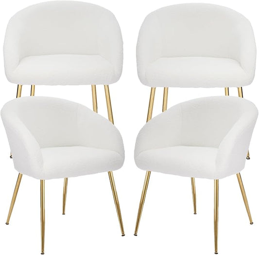 Modern Small Accent Chair Set of 4 Comfy Sherpa Makeup Vanity Chair with Golden Metal Legs Decorative Dining Chair no Wheels for Living Room Dressing Room Bedroom White