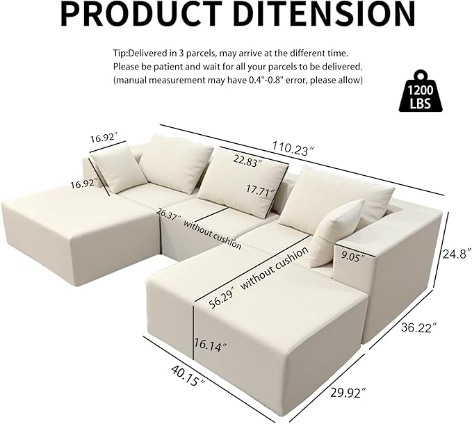 Modern Modular Sectional Sofa 110 Inch Comfy 3 Seater U-Shaped Cloud Couch with 2 Movable Ottomans Chenille Boneless Sofa Couch with Deep Seat for Living RoomNo Assembly RequiredWhite