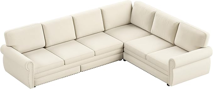 118 L Shaped Sectional Sleeper Sofa Couch with Pull Out Bed Oversized Chenille Convertible Sectional Couches with Nailhead Trim &amp Rolled Arm for Living Room Removable Sofa CoverBeige