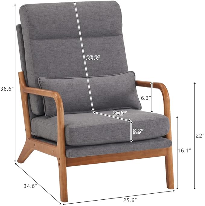 Accent Chair Modern Linen Upholstered Armchair Lounge Chair with Solid Wood Frame and 1 Pillow Comfy Single Sofa Chair Leisure Reading Chair with High Back &amp Armrest for Living Room Bedroom Dark G