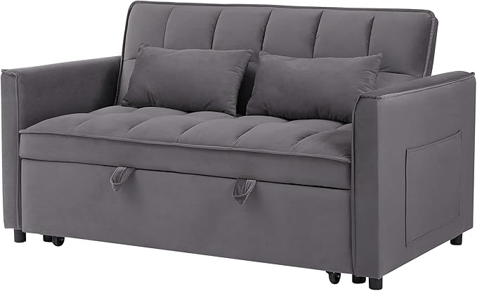 3 in 1 Convertible Sleeper Sofa Bed 55 Pull Out Couches Modern Loveseat Sleeper Sofa with Adjustable Reclining Backrest &amp Side Pockets for Living Room Velvet Fabric Dark Gray