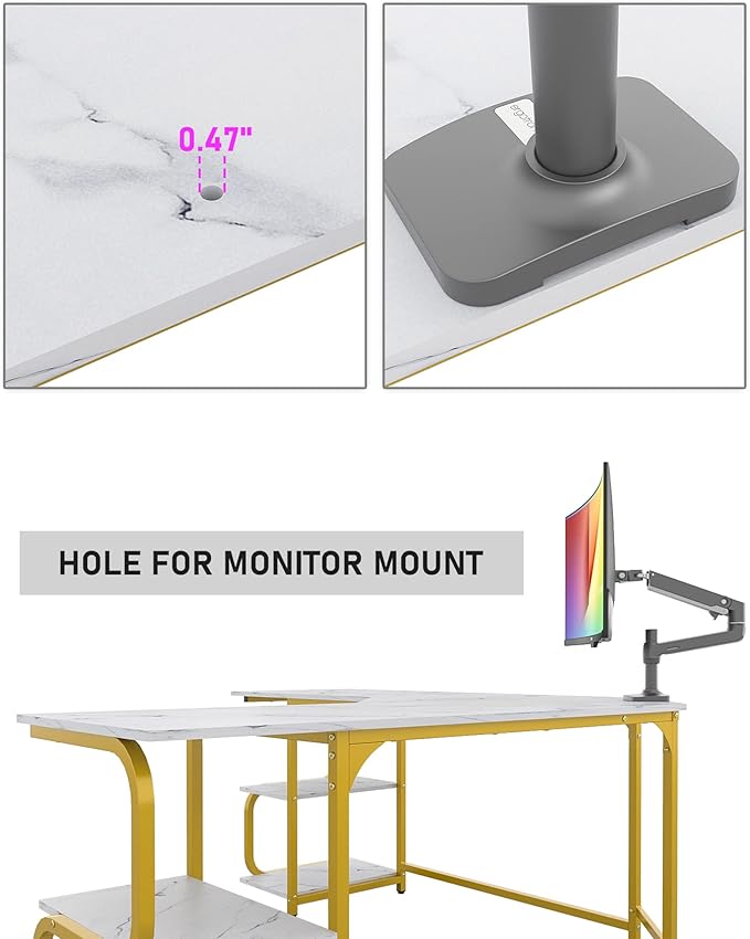 Teraves Modern L Shaped Desk with Shelves64.84 Computer Desk/Gaming Desk for Home OfficeCorner Desk with Large Desktop (White Marbling+ Gold Frame Large+4 Tier Shelves)