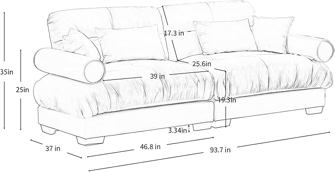 93.7 Oversized Modular Sectional Sofa 2-Seater Deep Seat Loveseat Cloud Couch with Pillows and Overthick Cushions Modern Velvet Comfy Sofa for Living Room Home Theater or Apartment Cream
