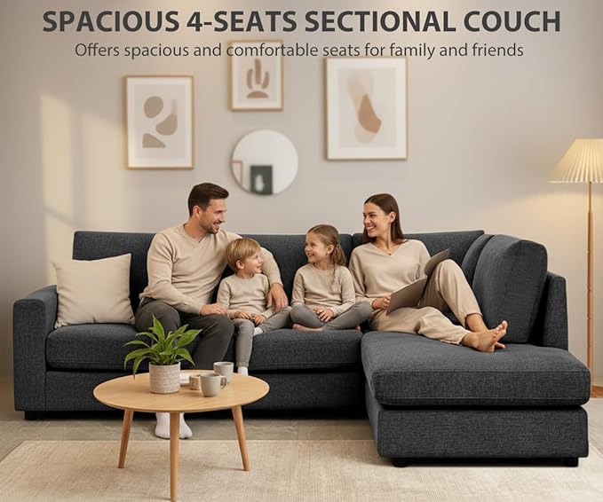 100 L-Shaped Couch with Reversible Chaise Chenille Modular Sectional Sofa 4-Seater Corner Couch for Living Room Apartment Dark Grey