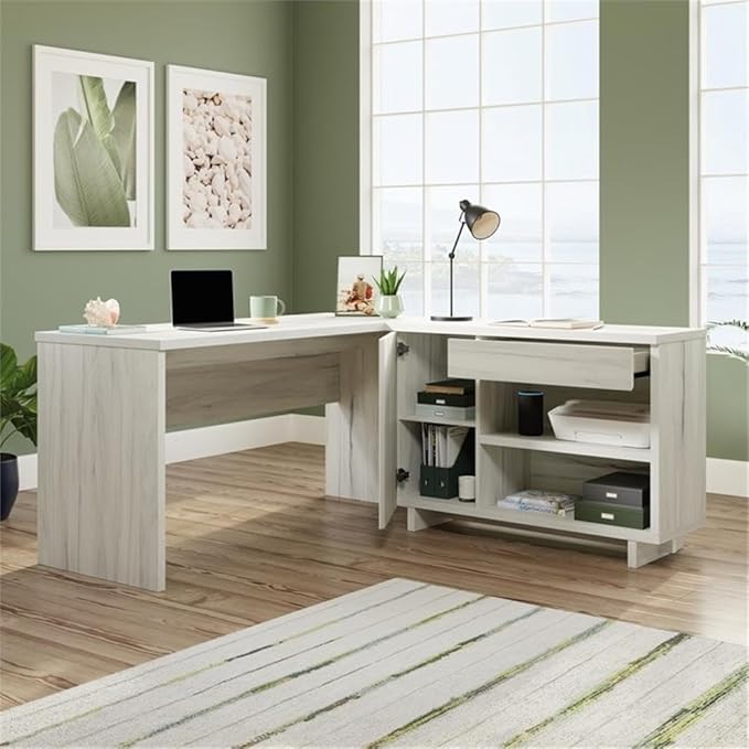 Pemberly Row Engineered Wood Desk with Credenza 30 H x 60 W x 65.98 D Haze Acacia/Natural Finish Adjustable Storage Shelves Drawer Cord Management L-Shaped Home Office Desk