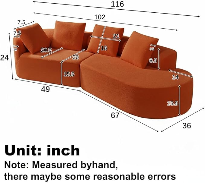 Merax 2-Piece 116 L-Shaped Modular Sectional Sofa Set 4 Seat Fully Assembled Curved Upholstery Couch with High-Density Compressed Sponge Chaise Lounge &amp 4 Pillows for Living Room Orange