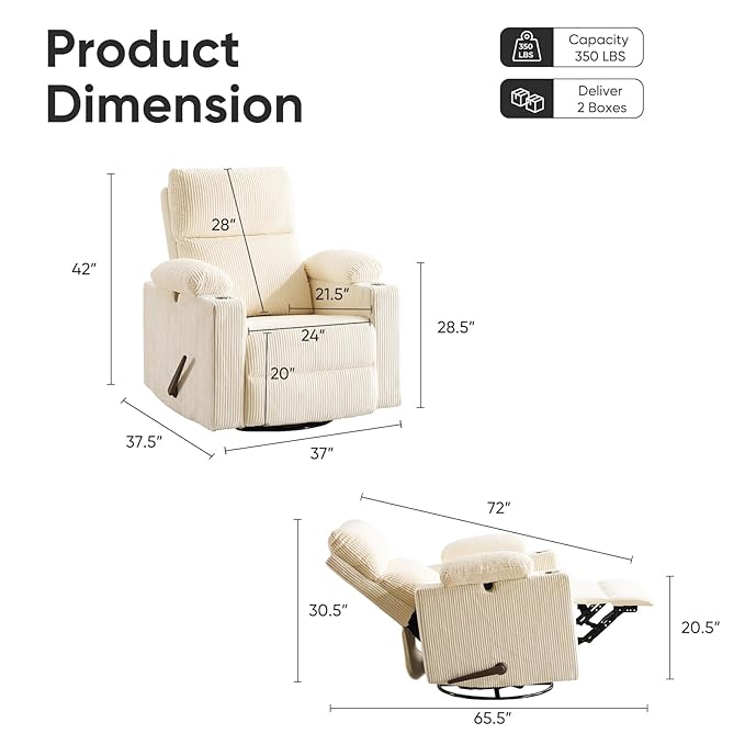 Swivel Rocker Recliner with Adjustable Armrests Rocking Nursery Chair with Adjustable Headrest Cup Holder Manual Recliner Nursing Chair for Breastfeeding Corduroy Beige