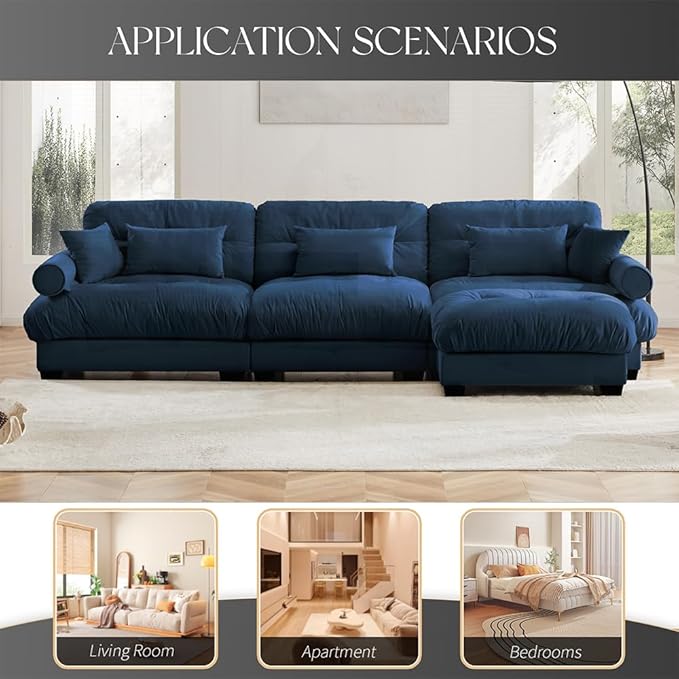 Modular Sectional Couches 130 Oversized L Shaped Sectional Sofa 3 Seater Modular Velvet Deep Seat Cloud Couch with Ottoman Large Fluffy Couch Set for Living Room (Dark Blue 3 Seat + 1 Ottoman)