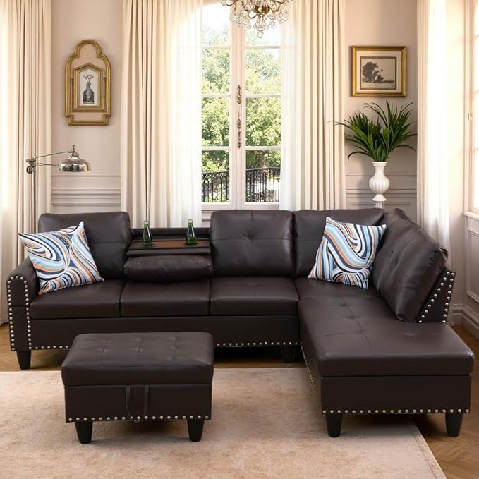 L Shaped Sectional Couch with Ottoman Modern Leather Modular Sectional Sofa with Cup Holder Nail-Head Design L Shaped Couch for Living Room Bedroom Brown