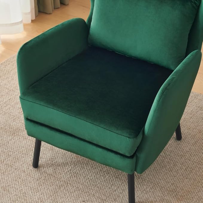 Chair reclinerWingback Velvet Accent Chair Modern Upholstered Armchair for Living Room Bedroom and Reception Area Comfortable Single Sofa Chair with Metal Legs and Pillow (Green + Velvet)
